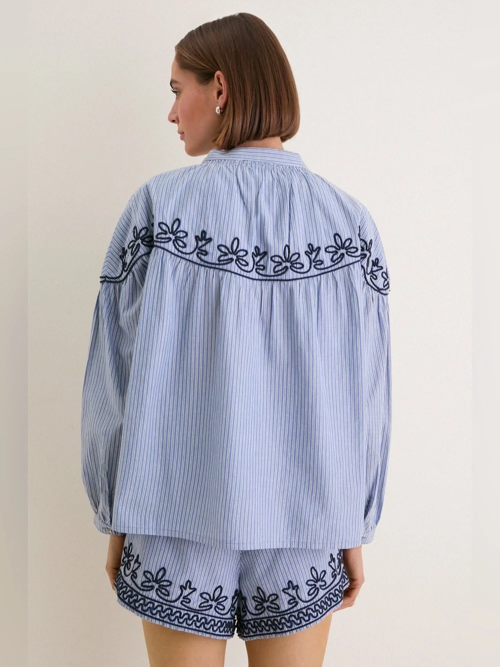 Tuckernuck Soutache Embroidered Jacques Blouse & Ava Shorts Set in Blue/White, M